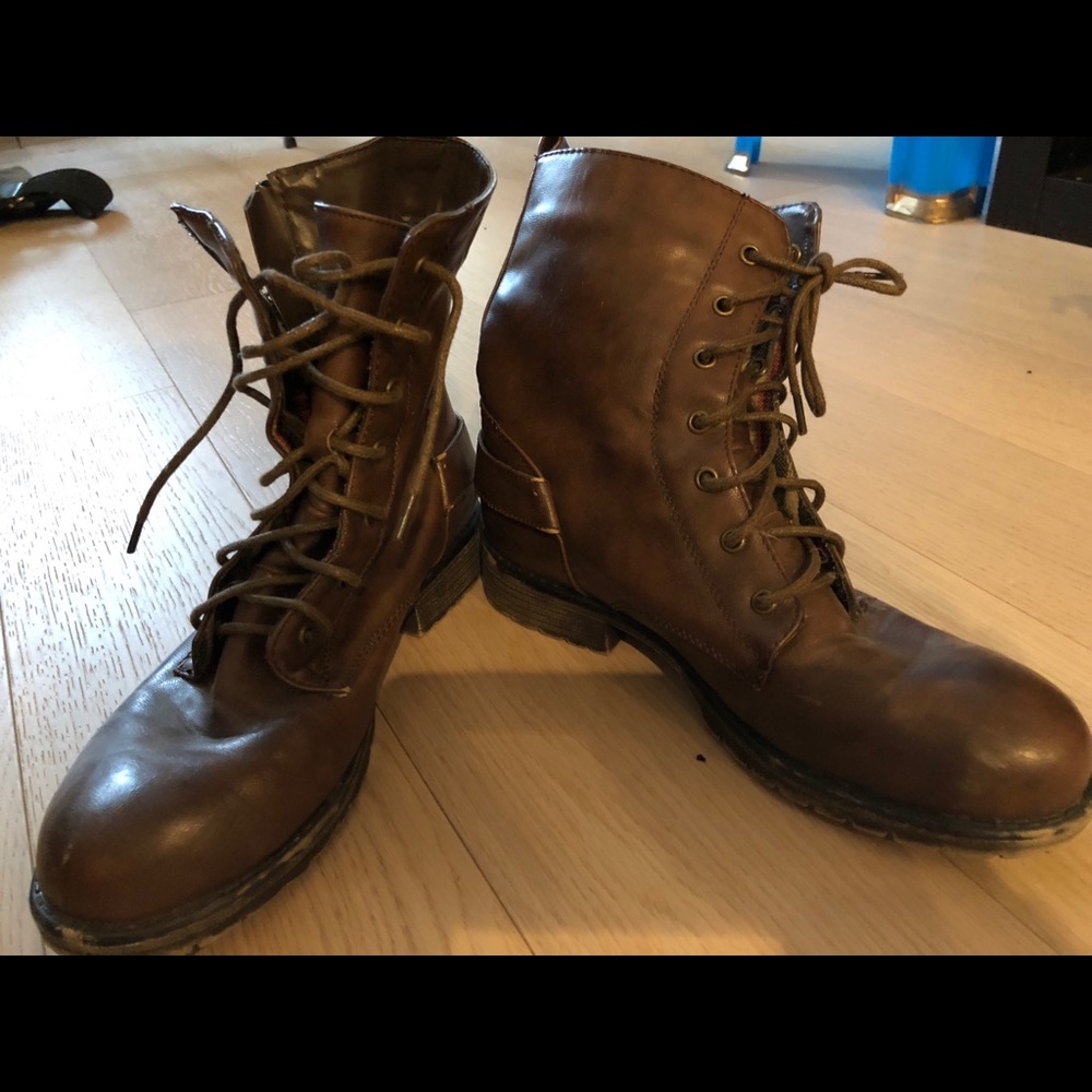 Brown faux leather combat boots